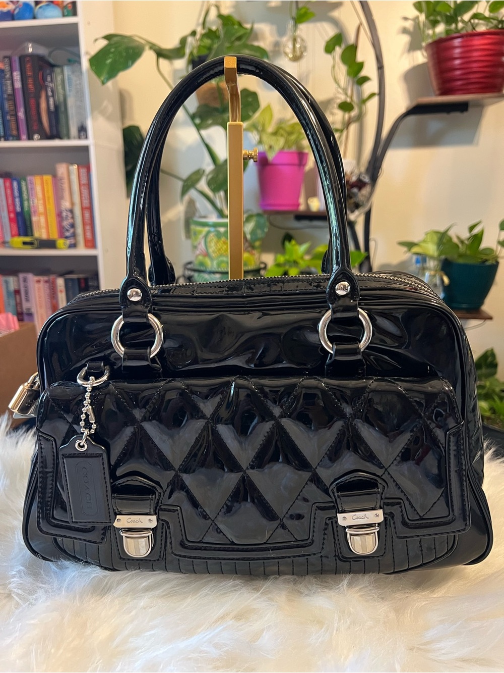 Coach Black Patent Quilted Satchel with Silver Hardware